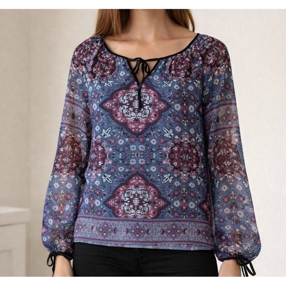 White House Black Market Semi Sheer Boho Floral Lined Top Blue Burgundy Sz 4